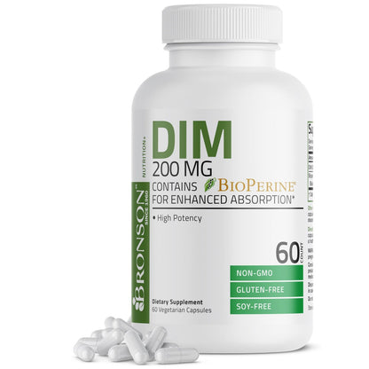 Bronson DIM 200 mg mit BioPerin – Diindolylmethan zur Unterstützung des Östrogenstoffwechsels & Hormonbalance, 60 vegane Kapseln