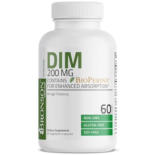 Bronson DIM 200 mg mit BioPerin – Diindolylmethan zur Unterstützung des Östrogenstoffwechsels & Hormonbalance, 60 vegane Kapseln