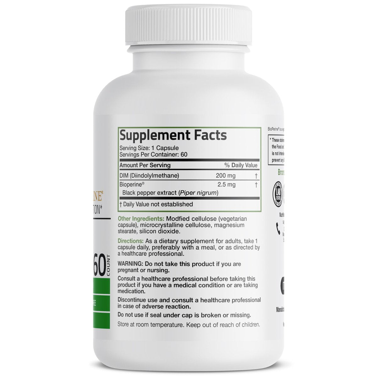 Bronson DIM 200 mg mit BioPerin – Diindolylmethan zur Unterstützung des Östrogenstoffwechsels & Hormonbalance, 60 vegane Kapseln