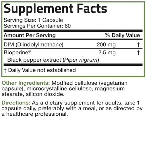 Bronson DIM 200 mg mit BioPerin – Diindolylmethan zur Unterstützung des Östrogenstoffwechsels & Hormonbalance, 60 vegane Kapseln