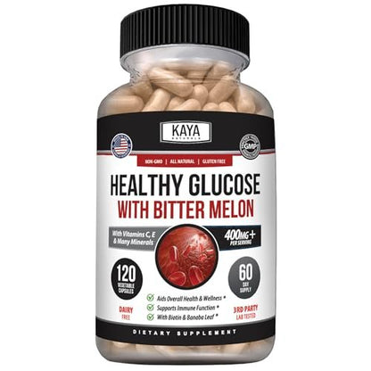 Kaya Naturals Healthy Gluco mit Bittermelone – Unterstützt gesunde Blutzuckerwerte, 20 Kräuter, Vitamine und Mineralstoffe, Alpha-Liponsäure, Zimt, Vitamin C & E, Non-GMO (120 Kapseln)