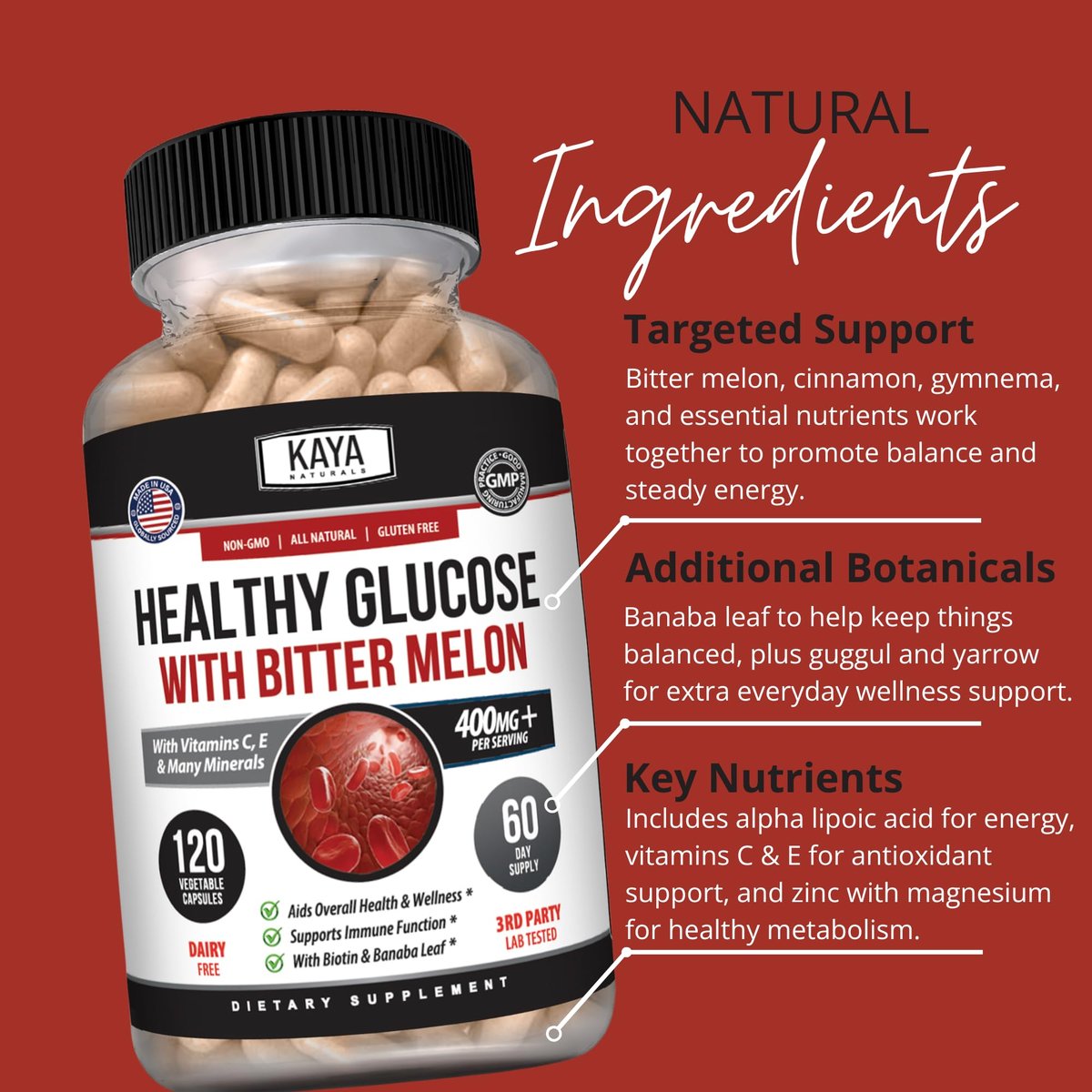 Kaya Naturals Healthy Gluco mit Bittermelone – Unterstützt gesunde Blutzuckerwerte, 20 Kräuter, Vitamine und Mineralstoffe, Alpha-Liponsäure, Zimt, Vitamin C & E, Non-GMO (120 Kapseln)