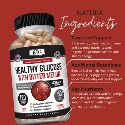 Kaya Naturals Healthy Gluco mit Bittermelone – Unterstützt gesunde Blutzuckerwerte, 20 Kräuter, Vitamine und Mineralstoffe, Alpha-Liponsäure, Zimt, Vitamin C & E, Non-GMO (120 Kapseln)