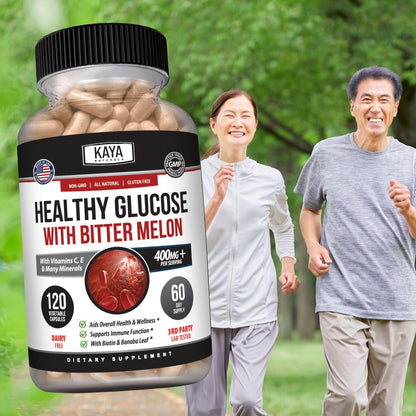 Kaya Naturals Healthy Gluco mit Bittermelone – Unterstützt gesunde Blutzuckerwerte, 20 Kräuter, Vitamine und Mineralstoffe, Alpha-Liponsäure, Zimt, Vitamin C & E, Non-GMO (120 Kapseln)