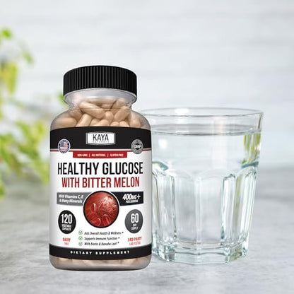 Kaya Naturals Healthy Gluco mit Bittermelone – Unterstützt gesunde Blutzuckerwerte, 20 Kräuter, Vitamine und Mineralstoffe, Alpha-Liponsäure, Zimt, Vitamin C & E, Non-GMO (120 Kapseln)