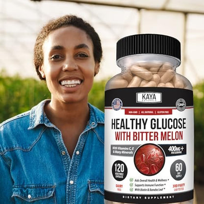 Kaya Naturals Healthy Gluco mit Bittermelone – Unterstützt gesunde Blutzuckerwerte, 20 Kräuter, Vitamine und Mineralstoffe, Alpha-Liponsäure, Zimt, Vitamin C & E, Non-GMO (120 Kapseln)