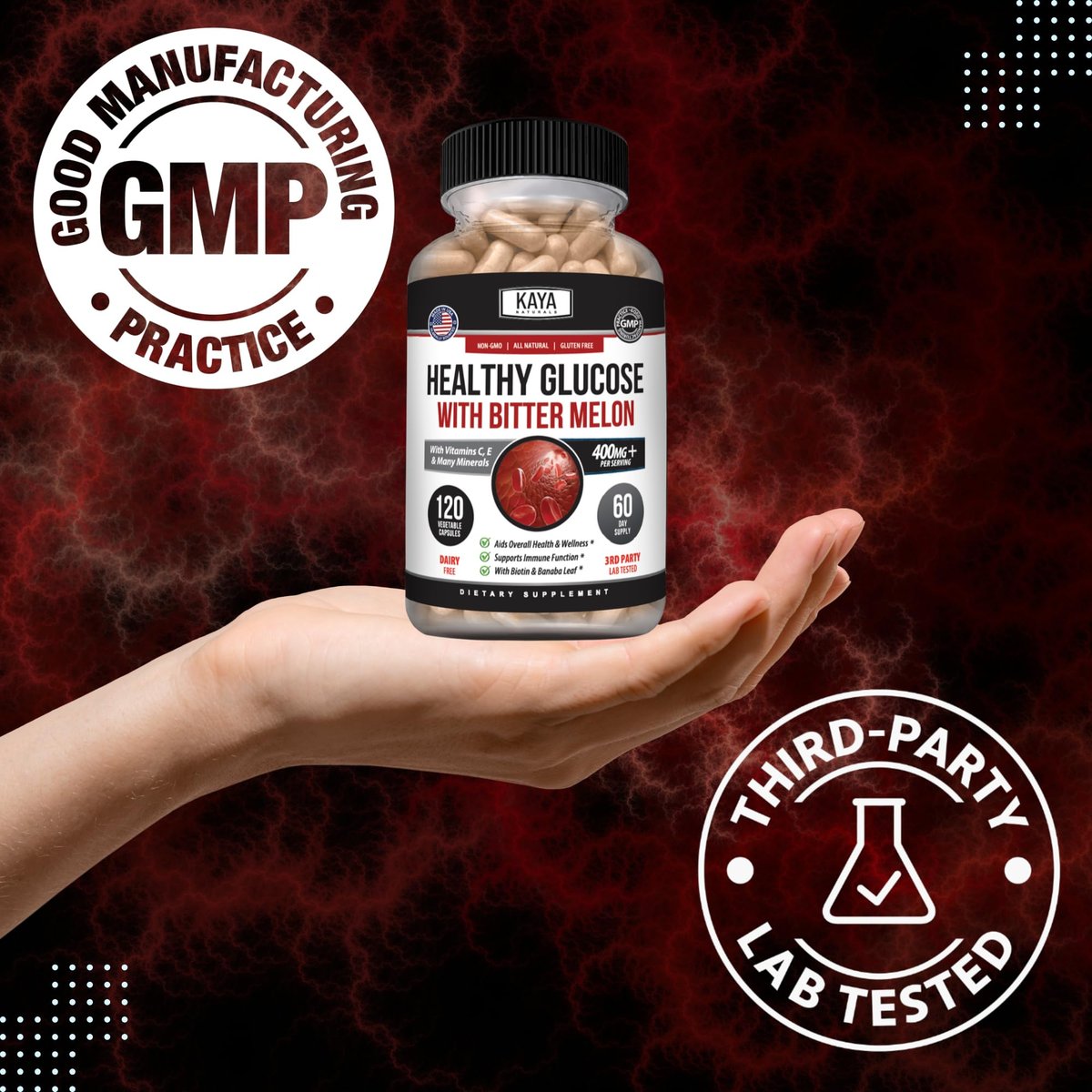 Kaya Naturals Healthy Gluco mit Bittermelone – Unterstützt gesunde Blutzuckerwerte, 20 Kräuter, Vitamine und Mineralstoffe, Alpha-Liponsäure, Zimt, Vitamin C & E, Non-GMO (120 Kapseln)