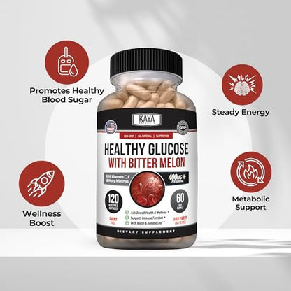 Kaya Naturals Healthy Gluco mit Bittermelone – Unterstützt gesunde Blutzuckerwerte, 20 Kräuter, Vitamine und Mineralstoffe, Alpha-Liponsäure, Zimt, Vitamin C & E, Non-GMO (120 Kapseln)