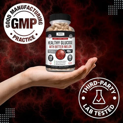 Kaya Naturals Healthy Gluco mit Bittermelone – Unterstützt gesunde Blutzuckerwerte, 20 Kräuter, Vitamine und Mineralstoffe, Alpha-Liponsäure, Zimt, Vitamin C & E, Non-GMO (120 Kapseln)