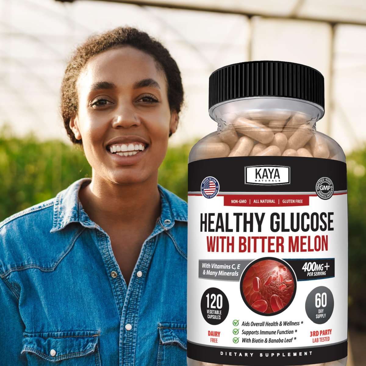 Kaya Naturals Healthy Gluco mit Bittermelone – Unterstützt gesunde Blutzuckerwerte, 20 Kräuter, Vitamine und Mineralstoffe, Alpha-Liponsäure, Zimt, Vitamin C & E, Non-GMO (120 Kapseln)