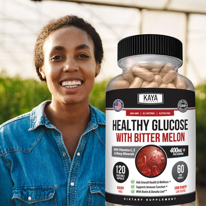 Kaya Naturals Healthy Gluco mit Bittermelone – Unterstützt gesunde Blutzuckerwerte, 20 Kräuter, Vitamine und Mineralstoffe, Alpha-Liponsäure, Zimt, Vitamin C & E, Non-GMO (120 Kapseln)