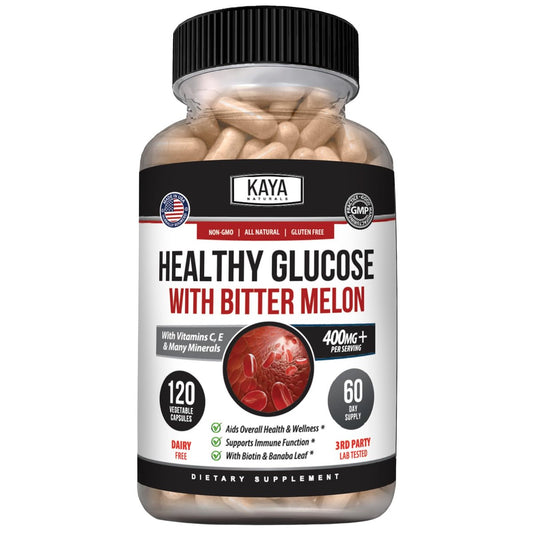 Kaya Naturals Healthy Gluco mit Bittermelone – Unterstützt gesunde Blutzuckerwerte, 20 Kräuter, Vitamine und Mineralstoffe, Alpha-Liponsäure, Zimt, Vitamin C & E, Non-GMO (120 Kapseln)
