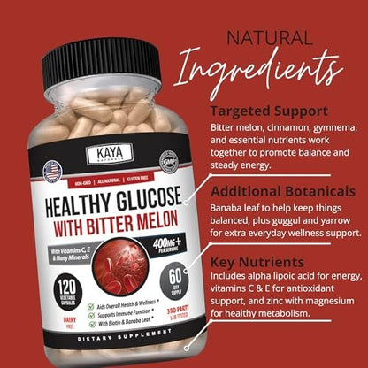 Kaya Naturals Healthy Gluco mit Bittermelone – Unterstützt gesunde Blutzuckerwerte, 20 Kräuter, Vitamine und Mineralstoffe, Alpha-Liponsäure, Zimt, Vitamin C & E, Non-GMO (120 Kapseln)