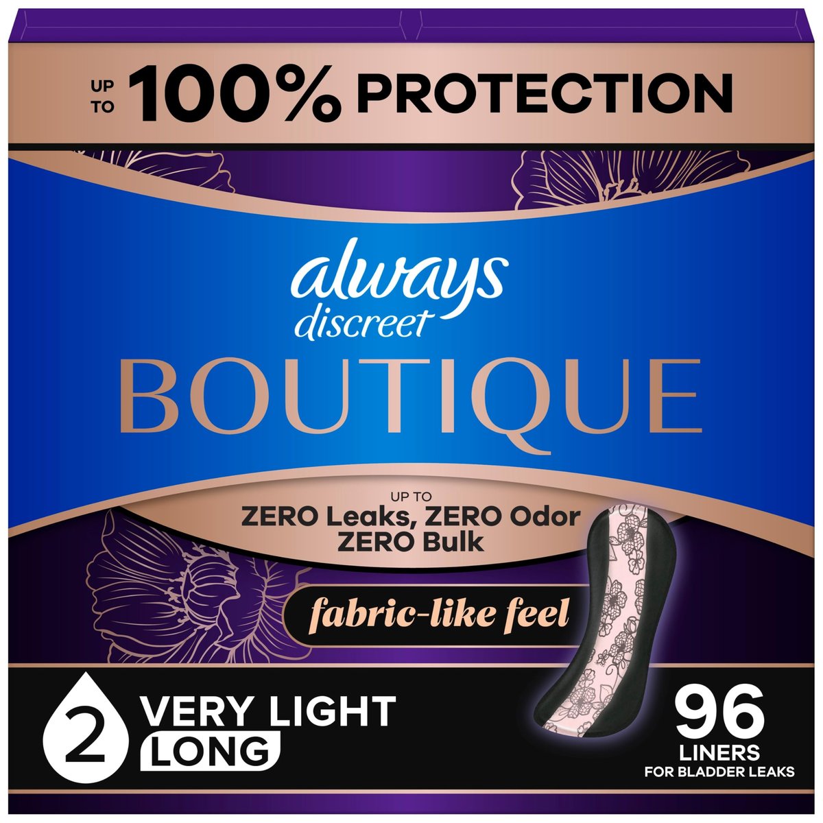 Always Discreet Boutique Inkontinenz Slipeinlagen bei Blasenschwäche, Größe 2, sehr leichte Saugfähigkeit, lange Länge, 96 Stück (3 Packungen à 32)