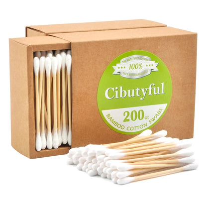 Cibutyful Wattestäbchen 400 Stück Doppelrunde Spitzen Wattestäbchen mit starkem Holzstiel 3,0 Zoll Bambusstiel