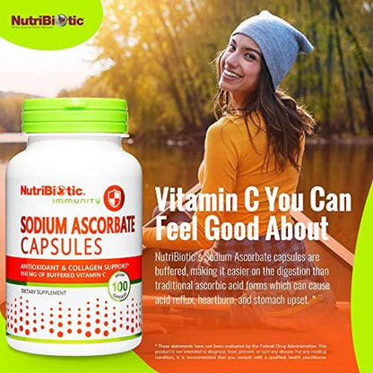 NutriBiotic Natriumascorbat Gepufferte Vitamin-C-Kapseln, 100 Stück | Vegan, nicht säurehaltig & schonender für die Verdauung als Ascorbinsäure | Essentielle Immununterstützung & Antioxidans | Gluten- & GVO-frei