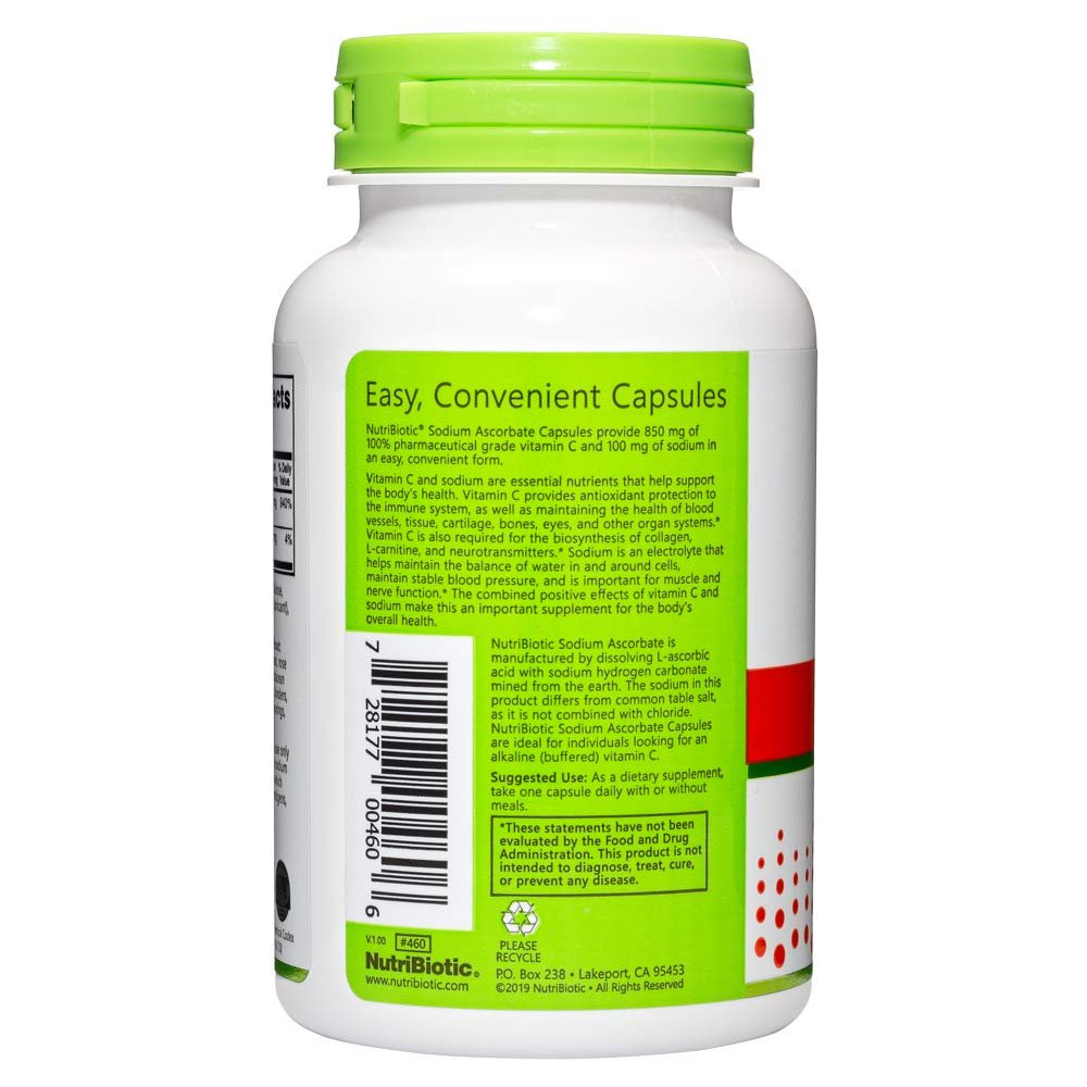 NutriBiotic Natriumascorbat Gepufferte Vitamin-C-Kapseln, 100 Stück | Vegan, nicht säurehaltig & schonender für die Verdauung als Ascorbinsäure | Essentielle Immununterstützung & Antioxidans | Gluten- & GVO-frei