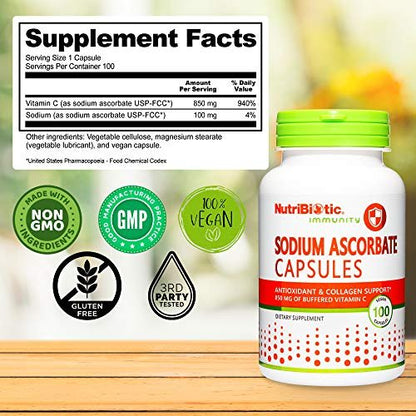 NutriBiotic Natriumascorbat Gepufferte Vitamin-C-Kapseln, 100 Stück | Vegan, nicht säurehaltig & schonender für die Verdauung als Ascorbinsäure | Essentielle Immununterstützung & Antioxidans | Gluten- & GVO-frei