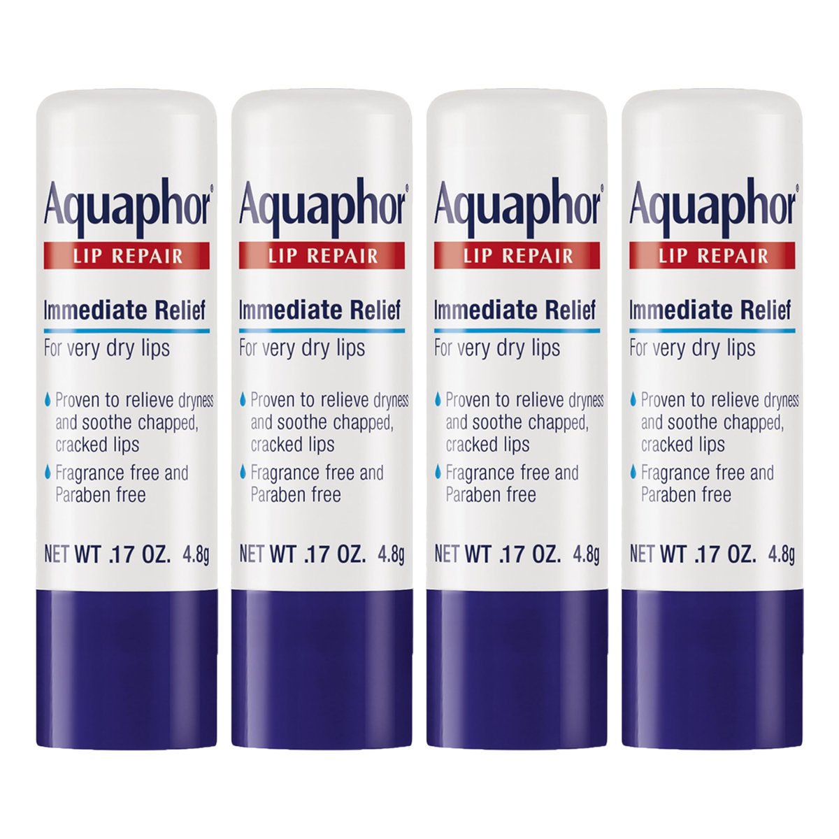 Aquaphor Lippenpflegestift mit Sheabutter – Feuchtigkeitsspendender Lippenbalsam, parfümfrei & parabenfrei, 0,17 Unzen Stick, 4er-Pack
