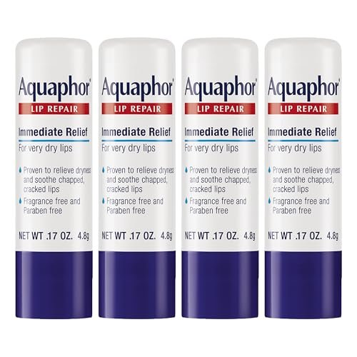 Aquaphor Lippenpflegestift mit Sheabutter – Feuchtigkeitsspendender Lippenbalsam, parfümfrei & parabenfrei, 0,17 Unzen Stick, 4er-Pack