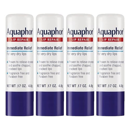 Aquaphor Lippenpflegestift mit Sheabutter – Feuchtigkeitsspendender Lippenbalsam, parfümfrei & parabenfrei, 0,17 Unzen Stick, 4er-Pack
