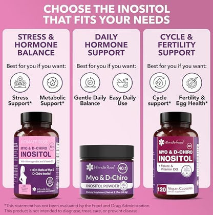 Intimate Rose Myo-Inositol & D-Chiro Inositol für Frauen – Hormonbalance & Eierstockunterstützung mit idealem 40:1-Verhältnis, Vitamin D3 + Ashwagandha