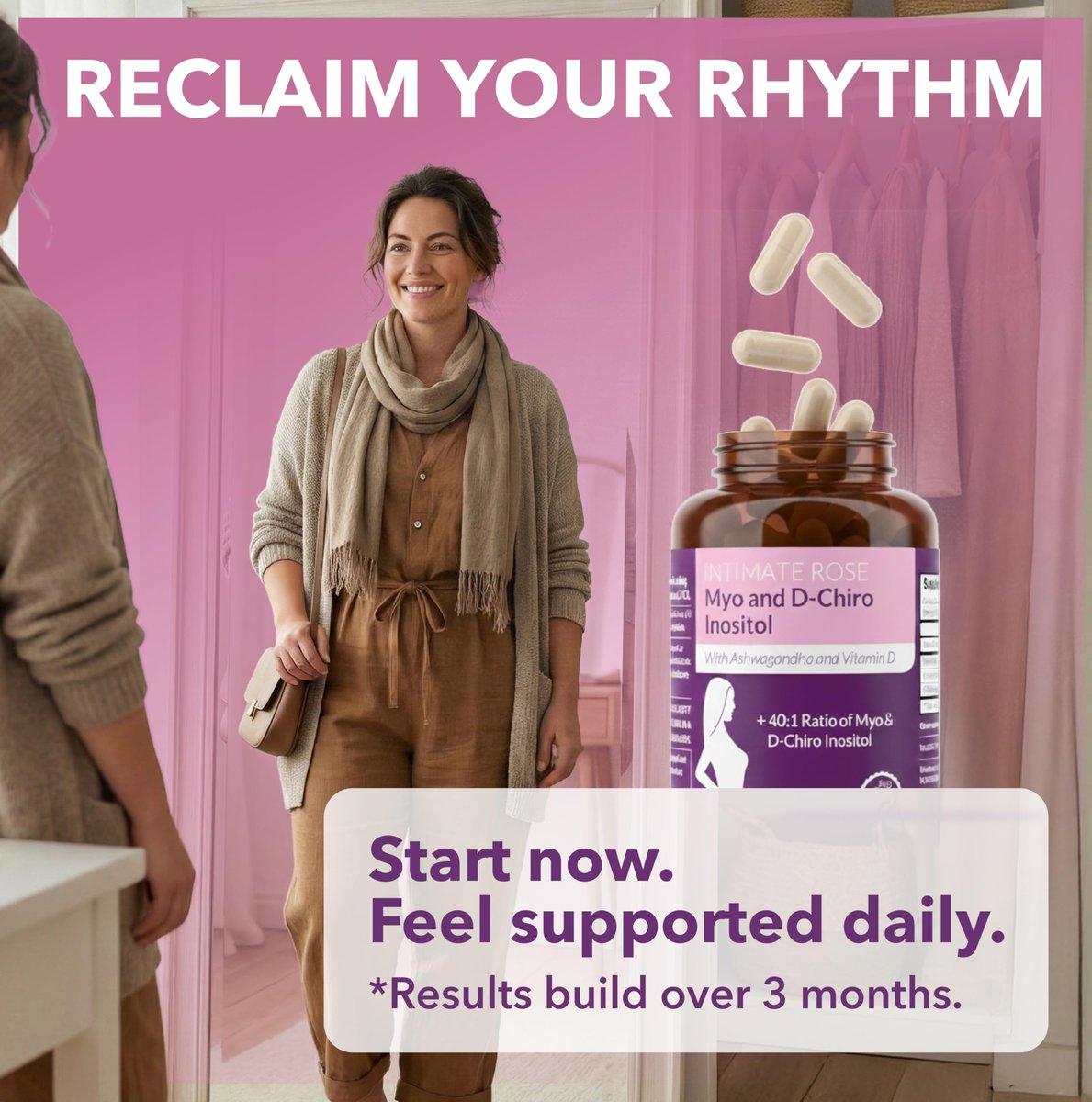 Intimate Rose Myo-Inositol & D-Chiro Inositol für Frauen – Hormonbalance & Eierstockunterstützung mit idealem 40:1-Verhältnis, Vitamin D3 + Ashwagandha