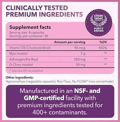 Intimate Rose Myo-Inositol & D-Chiro Inositol für Frauen – Hormonbalance & Eierstockunterstützung mit idealem 40:1-Verhältnis, Vitamin D3 + Ashwagandha