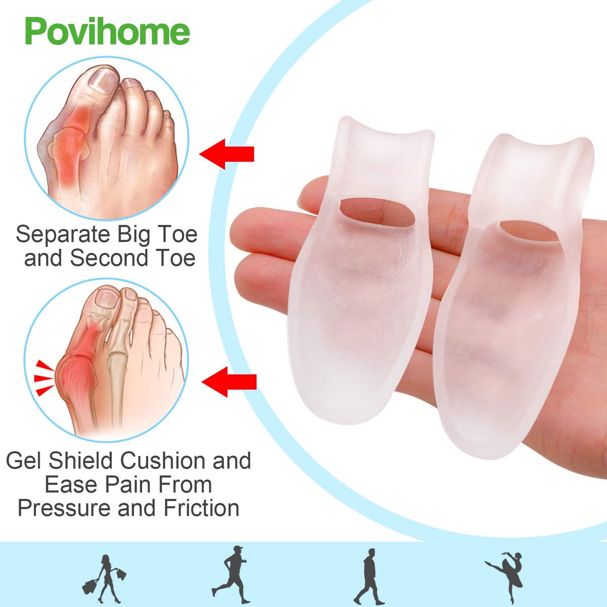 Povihome 8er-Pack Zehenspreizer und Ballenschutz (1,27 cm dick), Ballenpolster, Ballenkorrektor und Ballenentlastung mit Gel-Schutz, Behandlung von Schmerzen im Großzehengrundgelenk, Ausrichtung der Großzehe und Linderung von Ballenschmerzen