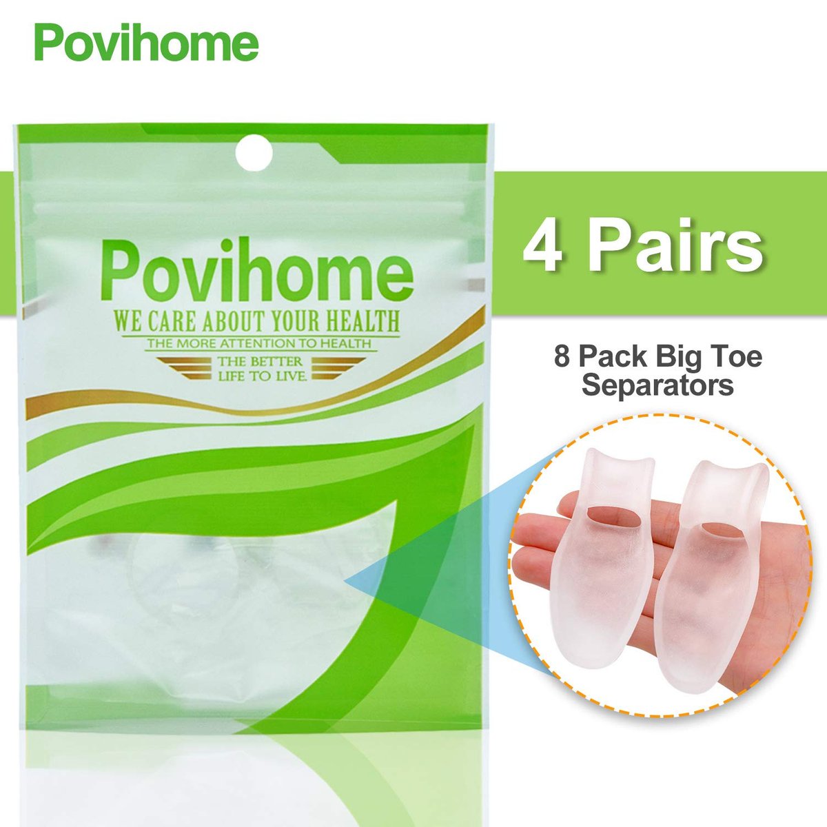Povihome 8er-Pack Zehenspreizer und Ballenschutz (1,27 cm dick), Ballenpolster, Ballenkorrektor und Ballenentlastung mit Gel-Schutz, Behandlung von Schmerzen im Großzehengrundgelenk, Ausrichtung der Großzehe und Linderung von Ballenschmerzen