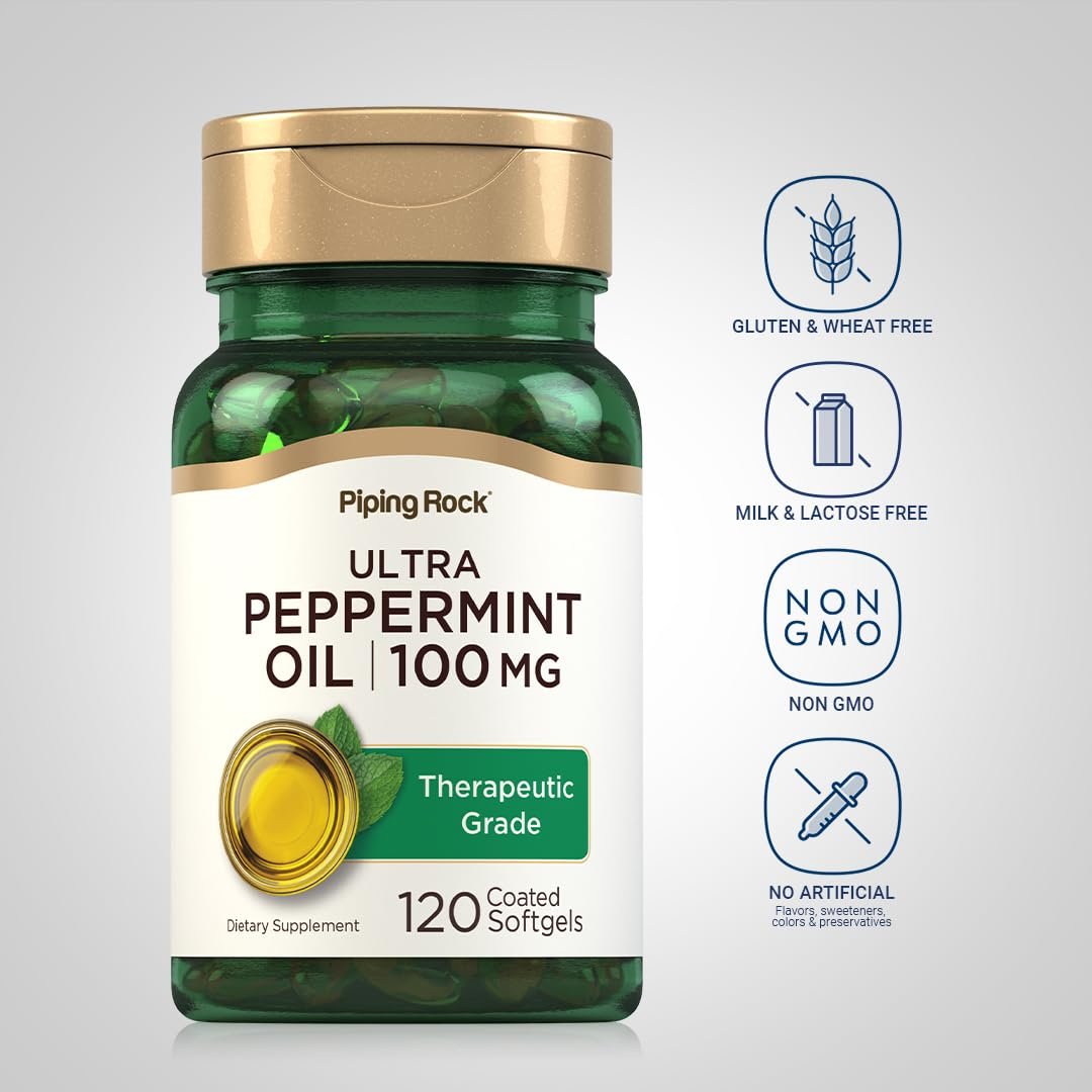 Piping Rock Pfefferminzöl Weichkapseln | 100 mg | 120 Stück | Therapeutisches Extrakt | Non-GMO, Glutenfrei