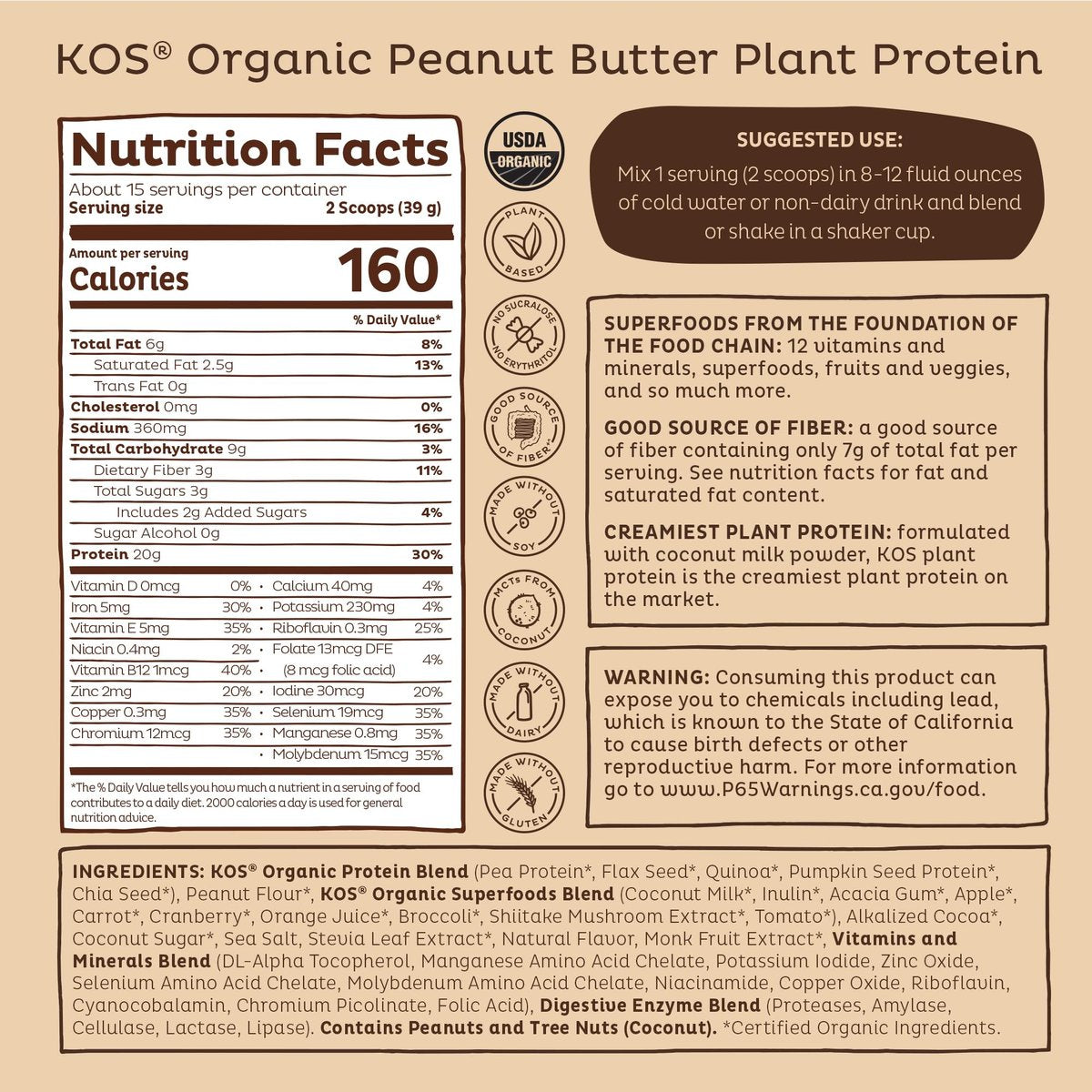KOS Bio Pflanzenproteinpulver, Schokolade Erdnussbutter – Leckeres veganes Proteinpulver – Keto-freundlich, glutenfrei, laktosefrei & sojafrei – 15 Portionen