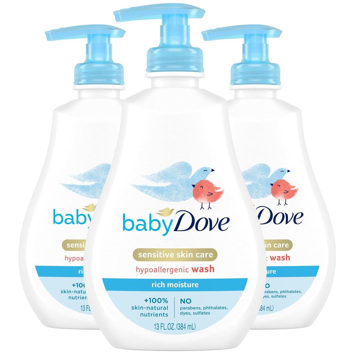Baby Dove Body Wash Rich Moisture 3er-Pack – Hypoallergene Reinigung für empfindliche Haut, zarter Duft, 13,5 Oz pro Flasche