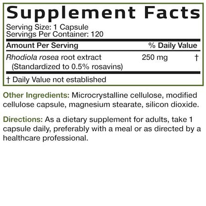 Bronson Rhodiola Rosea Vegetarische Kapseln - Adaptogenes Kraut - Unterstützung für Gehirn, Stress & Stimmung - Non-GMO, 120 Stück