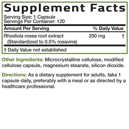 Bronson Rhodiola Rosea Vegetarische Kapseln - Adaptogenes Kraut - Unterstützung für Gehirn, Stress & Stimmung - Non-GMO, 120 Stück