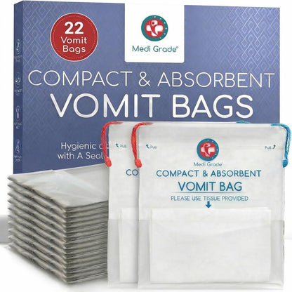 Medi Grade Premium Absorbierende Erbrochenesbeutel für Erwachsene und Kinder, 22 Beutel – Auslaufsichere Barf-Beutel mit Tüchern, verwandeln Erbrochenes in Gel und verhindern Geruch – Krankenhausqualität für Morgenübelkeit