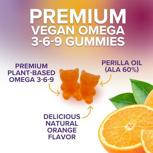 Omega 3 6 9 Gummis – Vegane Omega-3-Gummis mit essentiellen Fettsäuren – Herz- und Gehirnunterstützung für Frauen, Männer und Schwangerschaft – fischfrei, nicht gentechnisch verändert, Orangengeschmack – 60 Gummis