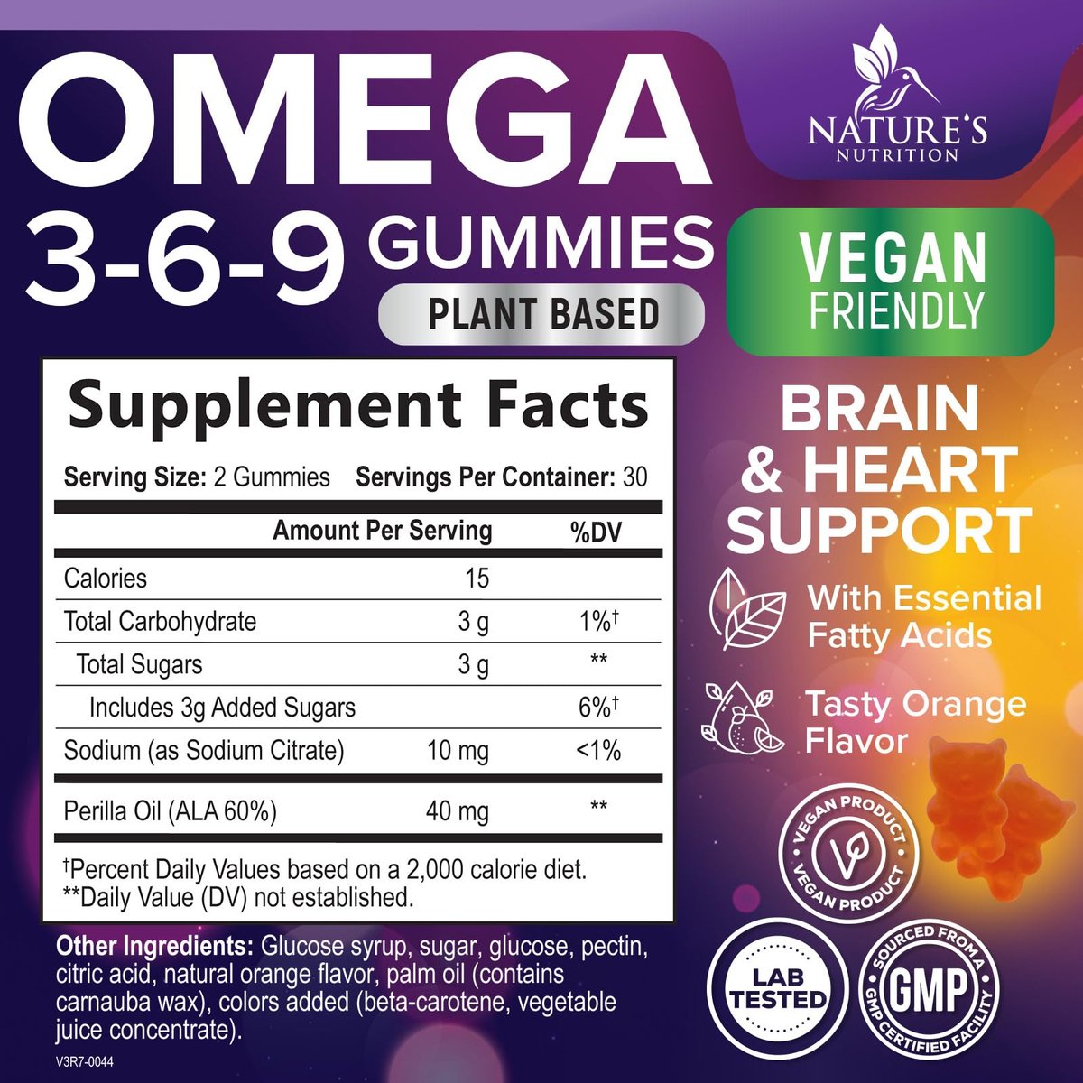 Omega 3 6 9 Gummis – Vegane Omega-3-Gummis mit essentiellen Fettsäuren – Herz- und Gehirnunterstützung für Frauen, Männer und Schwangerschaft – fischfrei, nicht gentechnisch verändert, Orangengeschmack – 60 Gummis
