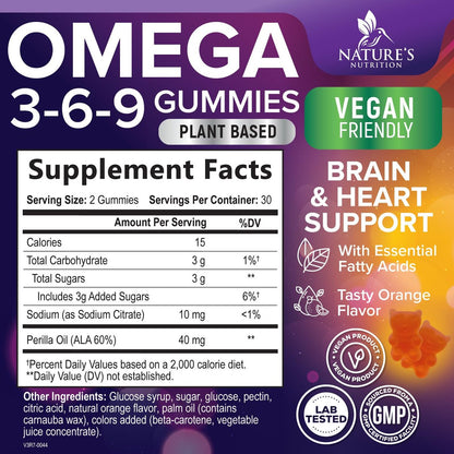 Omega 3 6 9 Gummis – Vegane Omega-3-Gummis mit essentiellen Fettsäuren – Herz- und Gehirnunterstützung für Frauen, Männer und Schwangerschaft – fischfrei, nicht gentechnisch verändert, Orangengeschmack – 60 Gummis