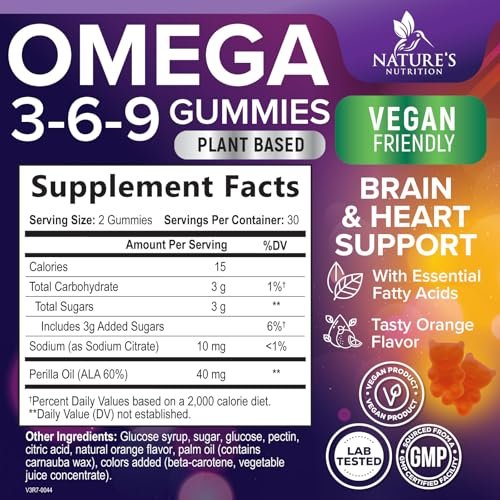 Omega 3 6 9 Gummis – Vegane Omega-3-Gummis mit essentiellen Fettsäuren – Herz- und Gehirnunterstützung für Frauen, Männer und Schwangerschaft – fischfrei, nicht gentechnisch verändert, Orangengeschmack – 60 Gummis