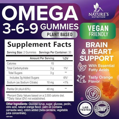 Omega 3 6 9 Gummis – Vegane Omega-3-Gummis mit essentiellen Fettsäuren – Herz- und Gehirnunterstützung für Frauen, Männer und Schwangerschaft – fischfrei, nicht gentechnisch verändert, Orangengeschmack – 60 Gummis