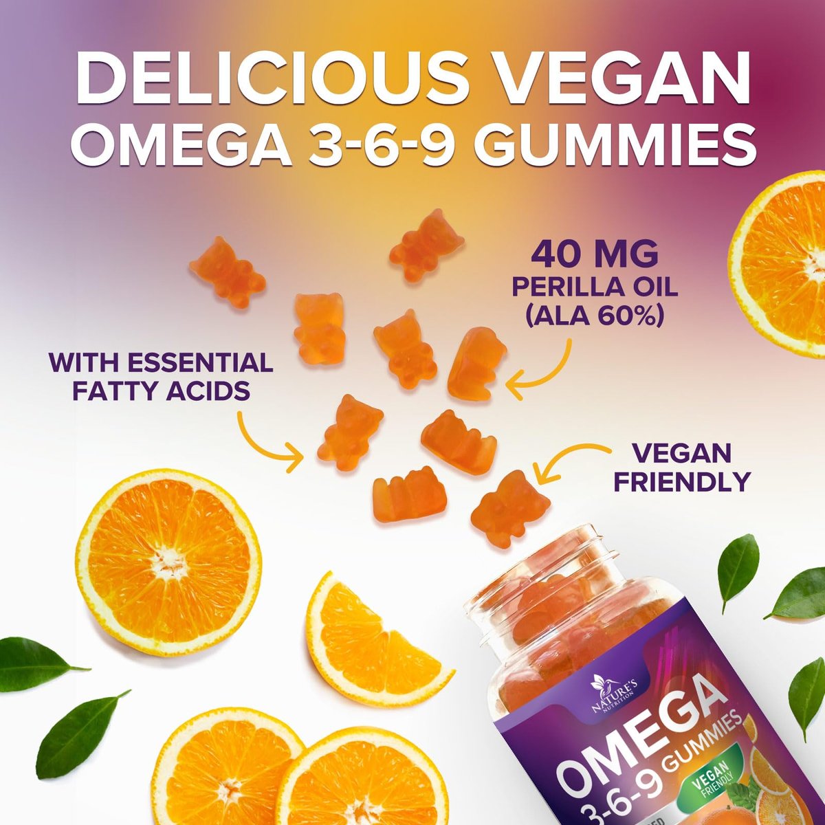 Omega 3 6 9 Gummis – Vegane Omega-3-Gummis mit essentiellen Fettsäuren – Herz- und Gehirnunterstützung für Frauen, Männer und Schwangerschaft – fischfrei, nicht gentechnisch verändert, Orangengeschmack – 60 Gummis