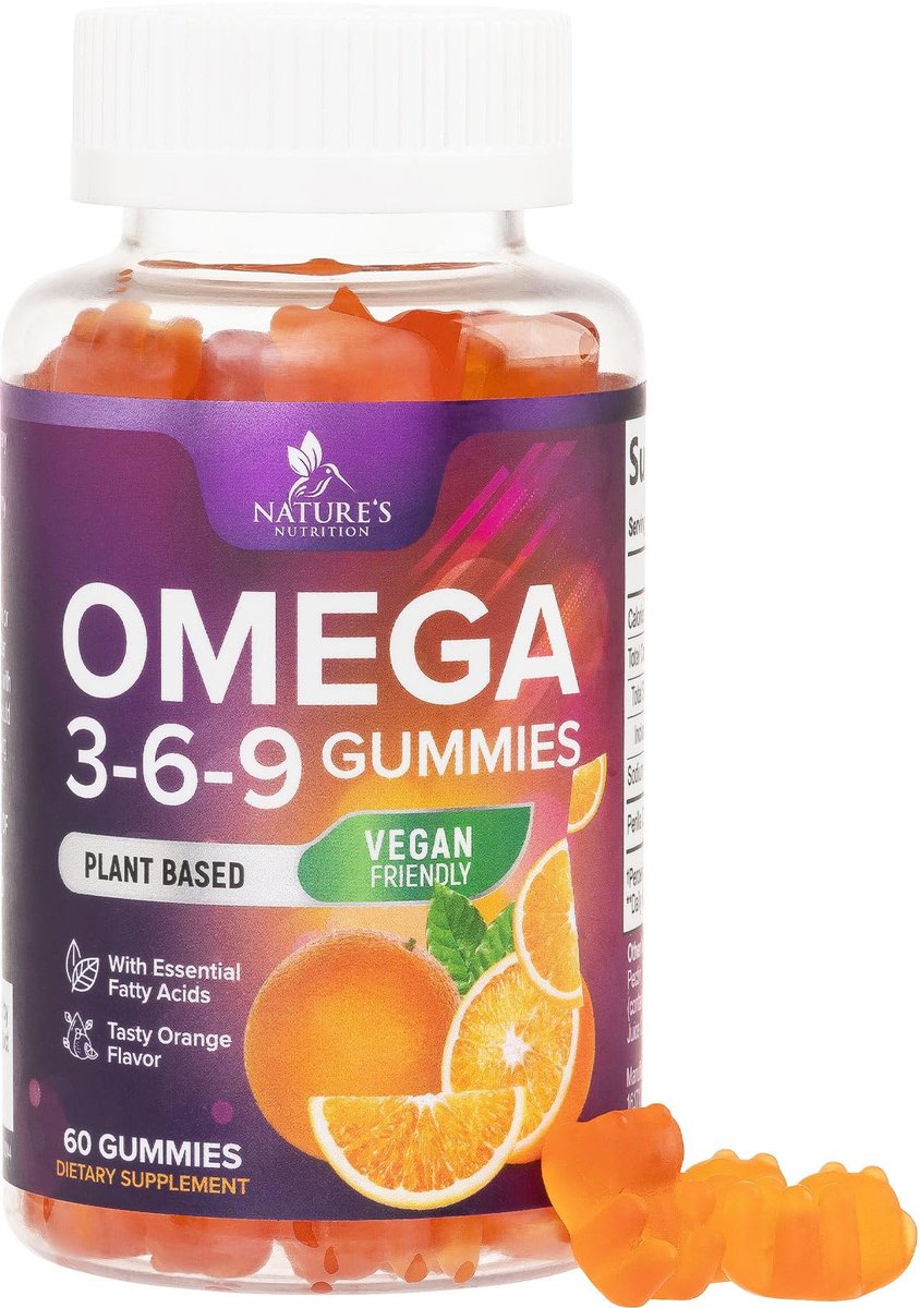 Omega 3 6 9 Gummis – Vegane Omega-3-Gummis mit essentiellen Fettsäuren – Herz- und Gehirnunterstützung für Frauen, Männer und Schwangerschaft – fischfrei, nicht gentechnisch verändert, Orangengeschmack – 60 Gummis