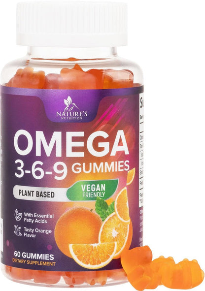 Omega 3 6 9 Gummis – Vegane Omega-3-Gummis mit essentiellen Fettsäuren – Herz- und Gehirnunterstützung für Frauen, Männer und Schwangerschaft – fischfrei, nicht gentechnisch verändert, Orangengeschmack – 60 Gummis