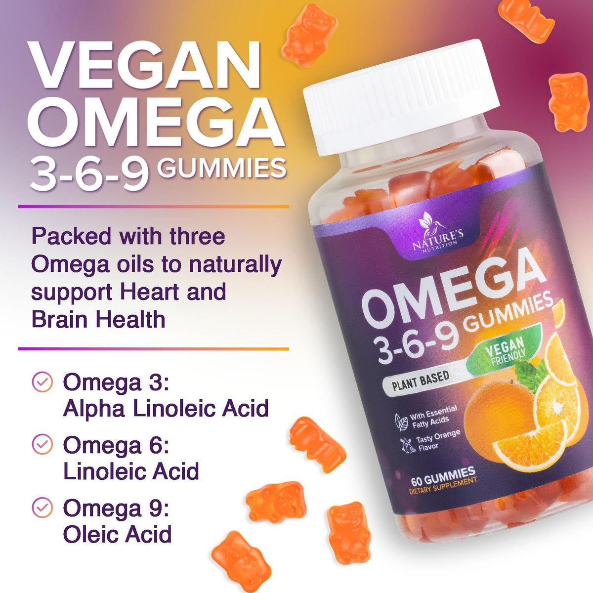 Omega 3 6 9 Gummis – Vegane Omega-3-Gummis mit essentiellen Fettsäuren – Herz- und Gehirnunterstützung für Frauen, Männer und Schwangerschaft – fischfrei, nicht gentechnisch verändert, Orangengeschmack – 60 Gummis