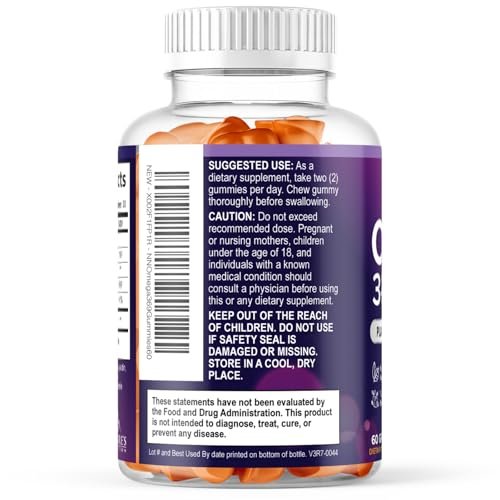 Omega 3 6 9 Gummis – Vegane Omega-3-Gummis mit essentiellen Fettsäuren – Herz- und Gehirnunterstützung für Frauen, Männer und Schwangerschaft – fischfrei, nicht gentechnisch verändert, Orangengeschmack – 60 Gummis