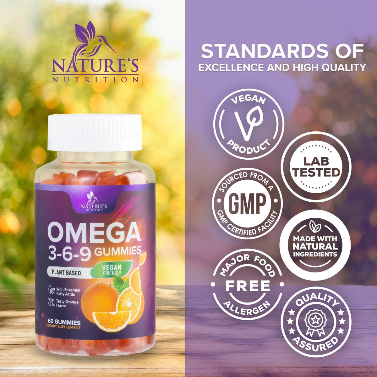 Omega 3 6 9 Gummis – Vegane Omega-3-Gummis mit essentiellen Fettsäuren – Herz- und Gehirnunterstützung für Frauen, Männer und Schwangerschaft – fischfrei, nicht gentechnisch verändert, Orangengeschmack – 60 Gummis