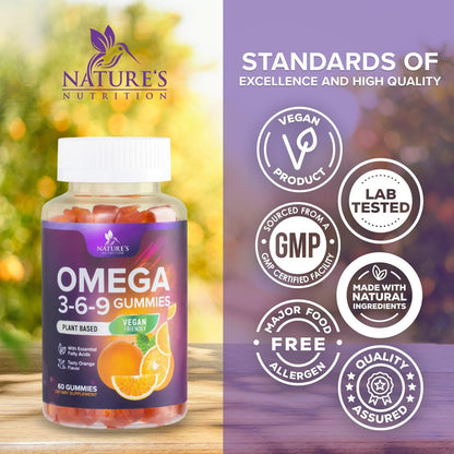 Omega 3 6 9 Gummis – Vegane Omega-3-Gummis mit essentiellen Fettsäuren – Herz- und Gehirnunterstützung für Frauen, Männer und Schwangerschaft – fischfrei, nicht gentechnisch verändert, Orangengeschmack – 60 Gummis