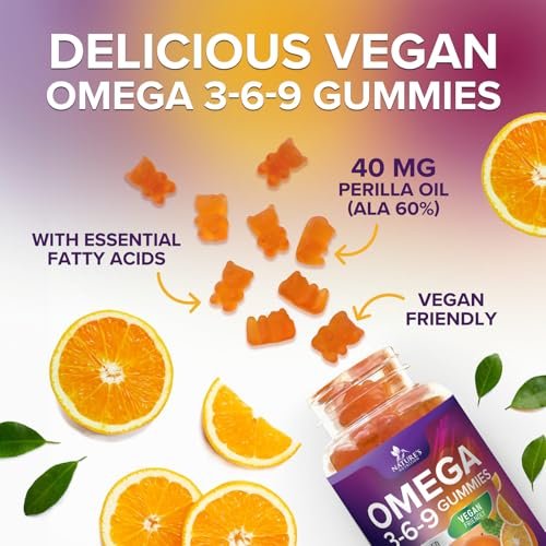 Omega 3 6 9 Gummis – Vegane Omega-3-Gummis mit essentiellen Fettsäuren – Herz- und Gehirnunterstützung für Frauen, Männer und Schwangerschaft – fischfrei, nicht gentechnisch verändert, Orangengeschmack – 60 Gummis