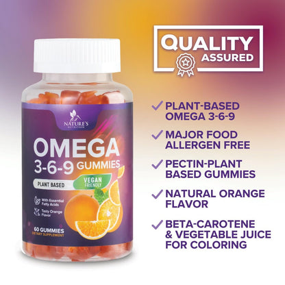 Omega 3 6 9 Gummis – Vegane Omega-3-Gummis mit essentiellen Fettsäuren – Herz- und Gehirnunterstützung für Frauen, Männer und Schwangerschaft – fischfrei, nicht gentechnisch verändert, Orangengeschmack – 60 Gummis